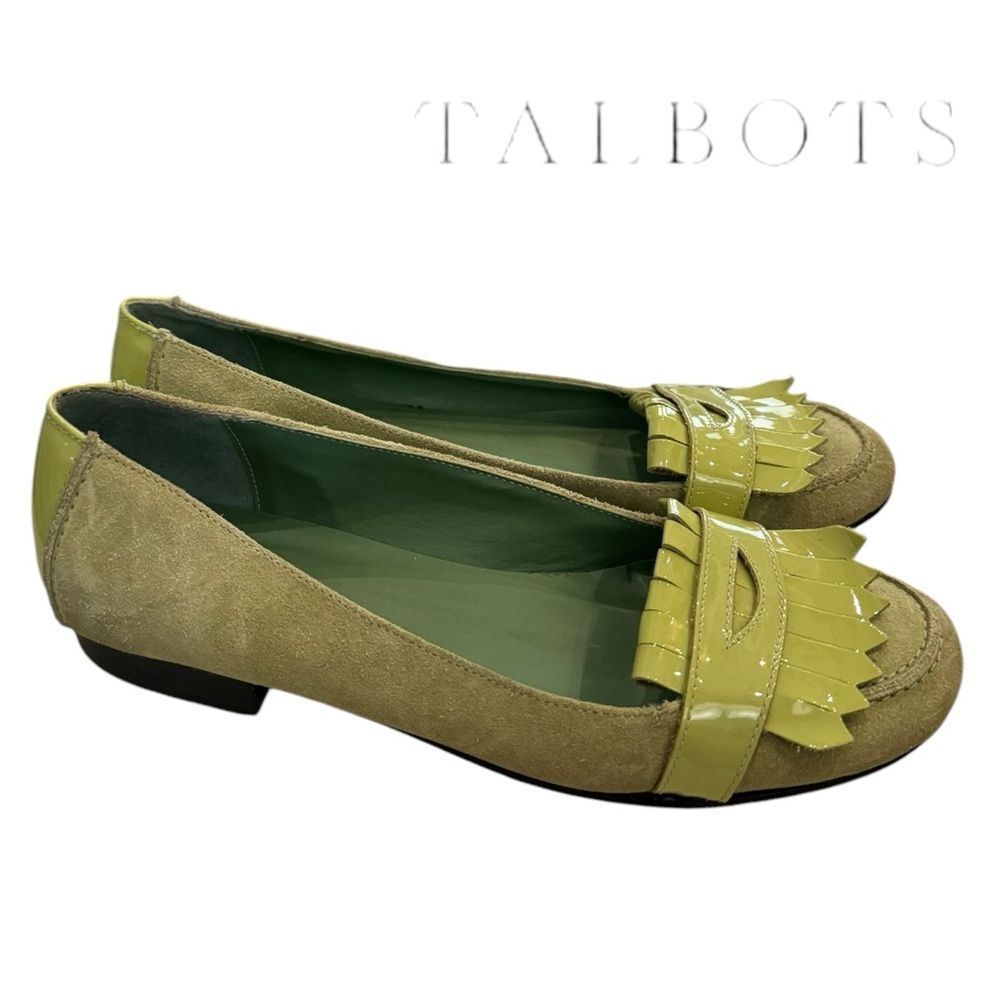 Talbots Women's Lime Green Fringe Suede Leather Patent Flats 7